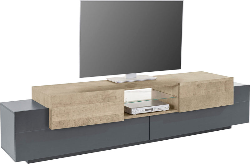 Mobile Tv 4 Ante e Ripiano a Giorno 220x45x51,5 cm Coro Grigio Antracite Opaco/Rovere Wotan  -2