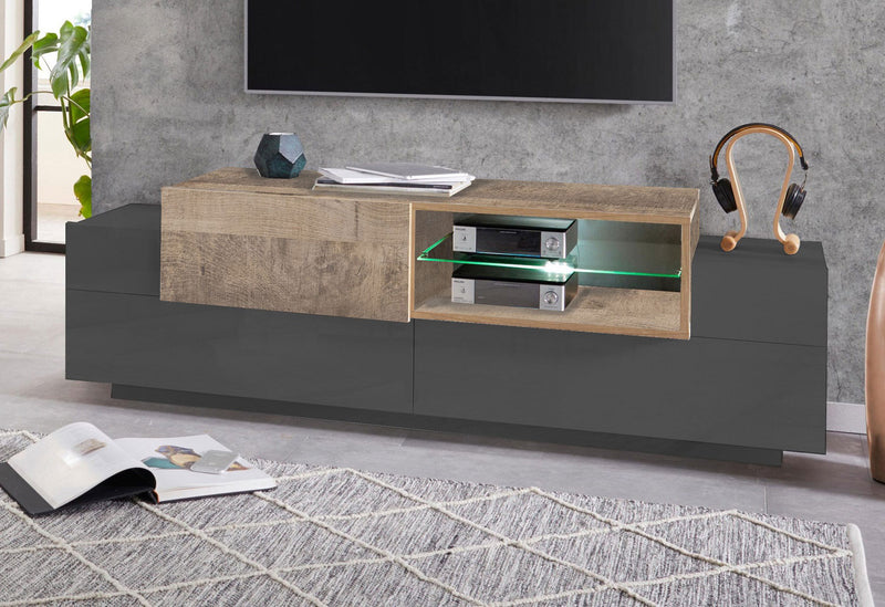 Mobile Tv 3 Ante e Ripiano a Giorno 160x45x51,5 cm Coro Grigio Antracite Opaco/Rovere Wotan  -1