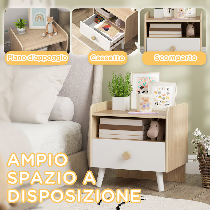 Comodino per Bambini con Cassetto e Vano a Giorno 40x32.5x40 cm in Legno Bianco -4