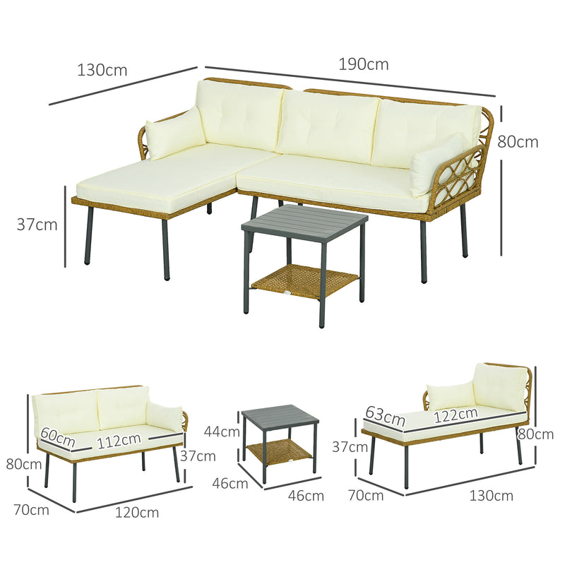 Salotto da Giardino Divano 2 Posti con Chaise Longue e Tavolino in Rattan PE Crema-3