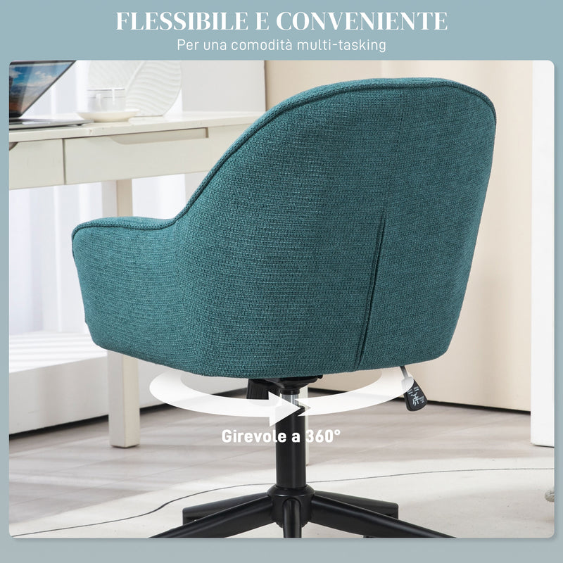 Sedia da Ufficio Girevole ad Altezza Regolabile 63x66x86-96 cm in Tessuto Effetto Lino e Acciaio Verde Scuro-6