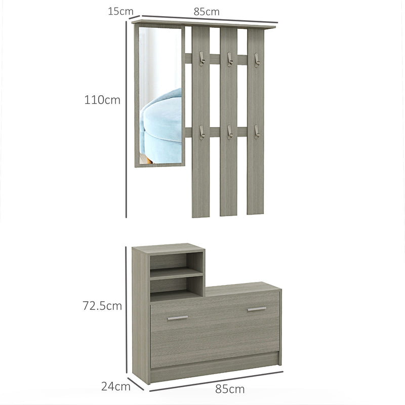Mobile Guardaroba per Ingresso con Specchio Appendiabiti e Scarpiera Regolabile Grigio    -3