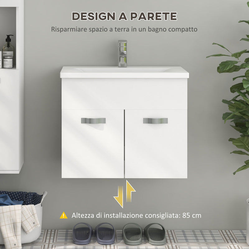 Mobile da Bagno Sospeso con Lavabo in Ceramica 61x40x50 cm Bianco Lucido  -4