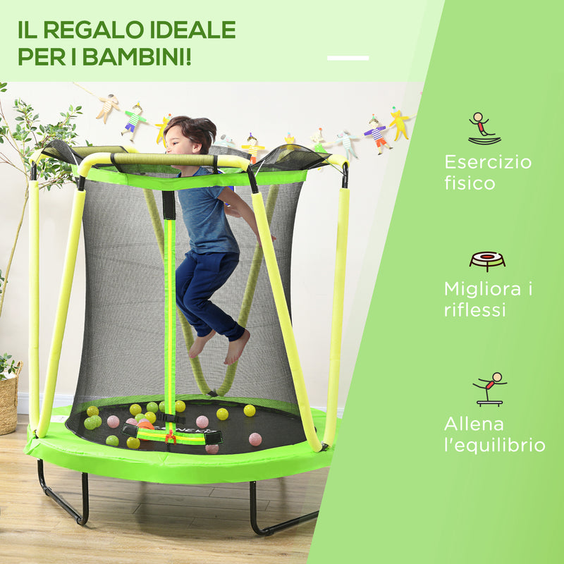 Trampolino Elastico per Bambini 3-10 Anni Ø140x155cm con Rete di Sicurezza Canestro e Palle Verde-7