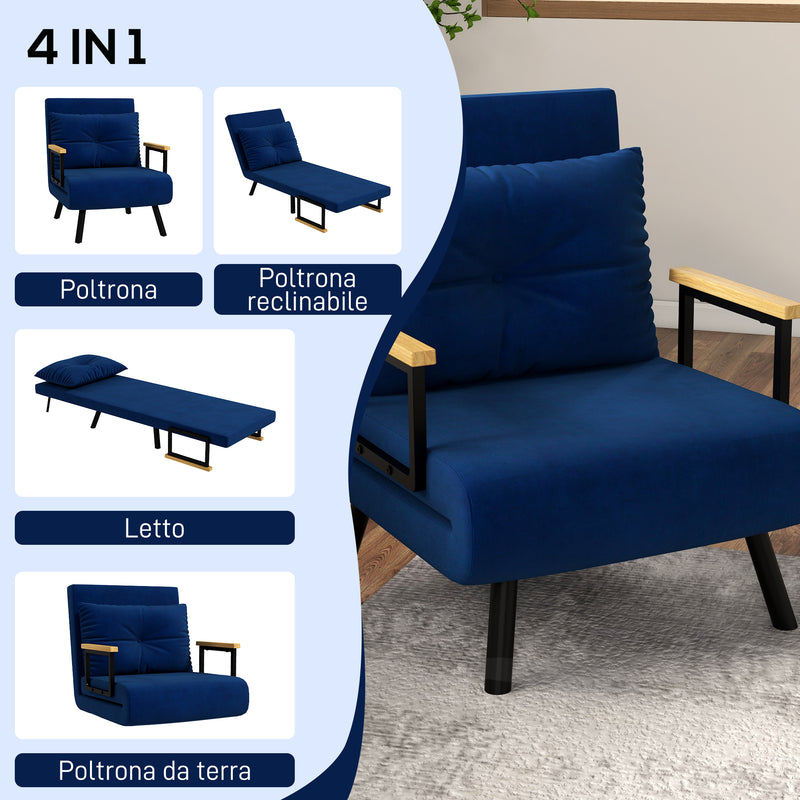 Poltrona Letto Singolo Reclinabile con Cuscino Sfoderabile in Tessuto Effetto Lino Blu  -4