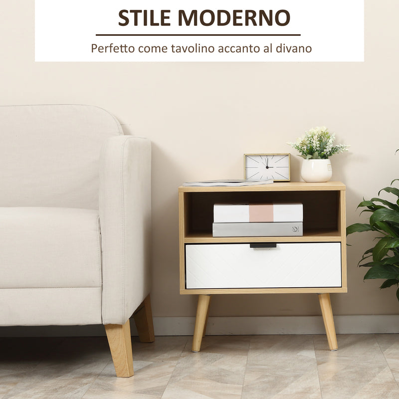 Comodino Moderno con Cassetto Estraibile e Ripiano Aperto 50x39,5x49,5 cm in Legno Bianco e color Legno-4