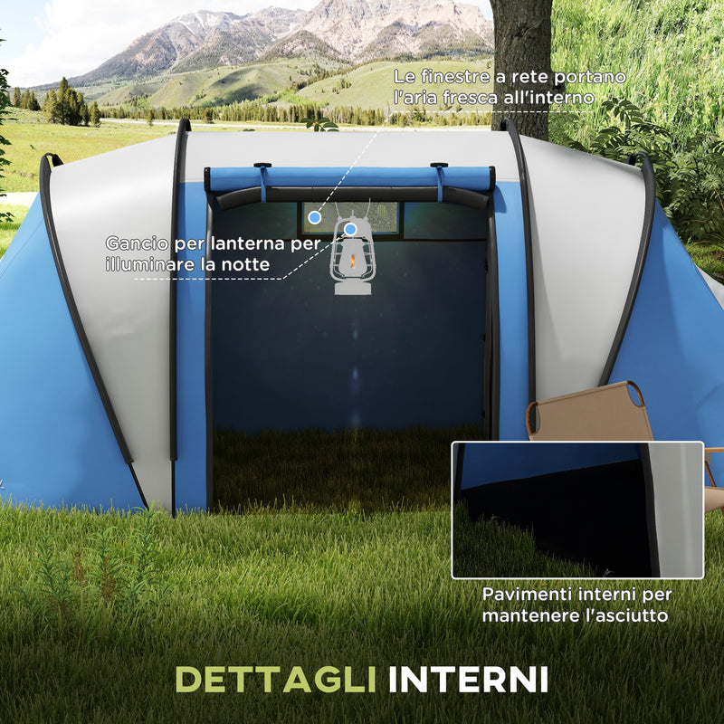 Tenda da Campeggio 2 Posti Impermeabile con 2 Stanze Borsa di Trasporto 220x450x180 cm in Poliestere Blu-6