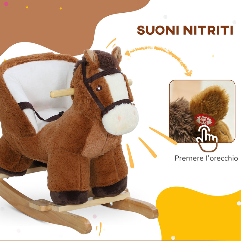 Cavallo a Dondolo per Bambini in Legno e Peluche Cavallo Marrone  -4