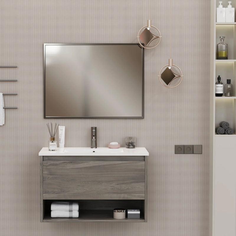 Mobile Bagno Sospeso 80 cm Lavabo e Specchio Milano Rovere-1