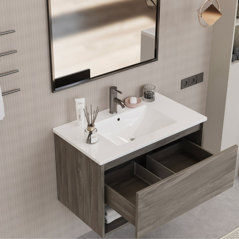 Mobile Bagno Sospeso 80 cm Lavabo e Specchio Milano Rovere-3