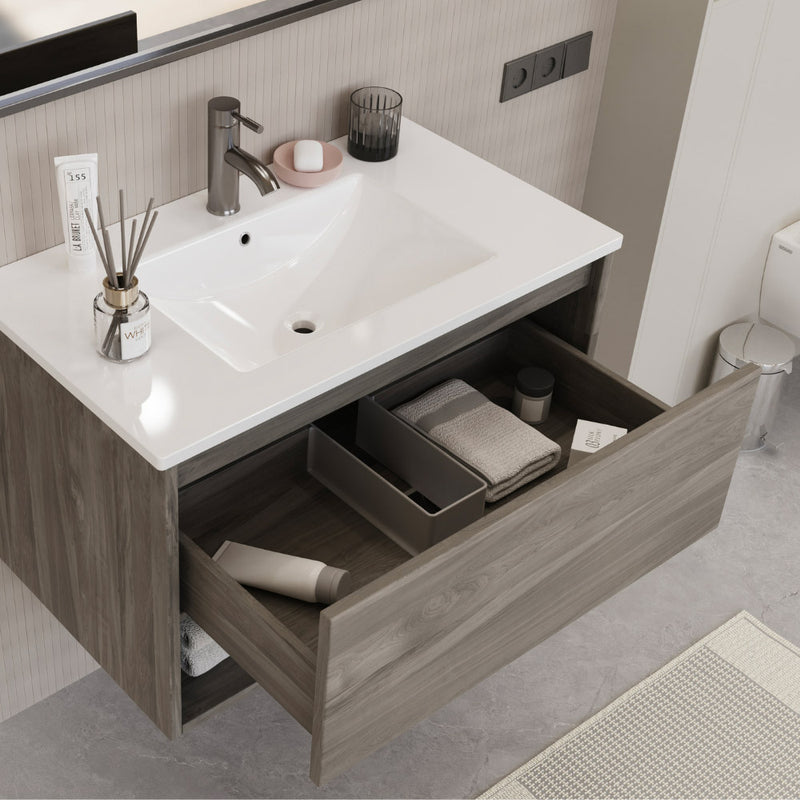 Mobile Bagno Sospeso 80 cm Lavabo e Specchio Milano Rovere-4