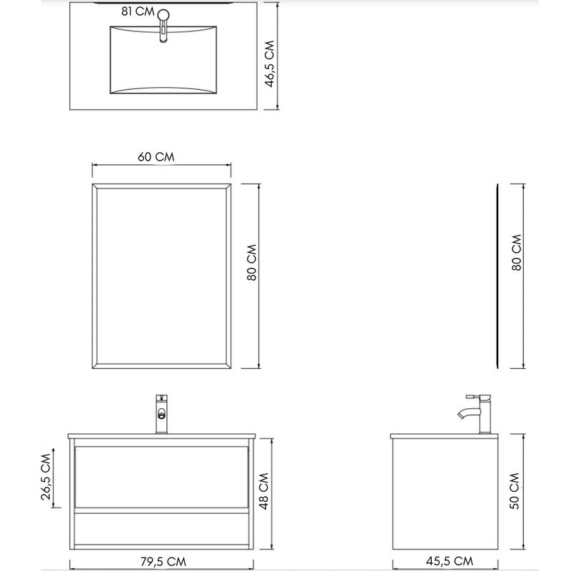 Mobile Bagno Sospeso 80 cm Lavabo e Specchio Milano Rovere-5