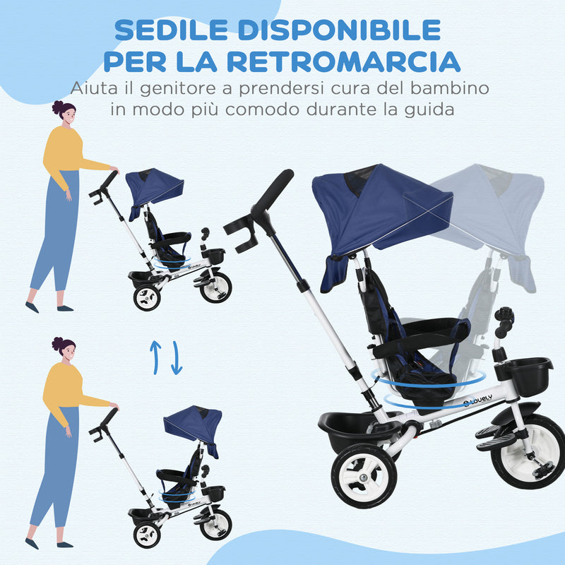 Passeggino Triciclo con Sedile Girevole 360° Parasole Regolabile e Cintura di Sicurezza Blu Scuro-6