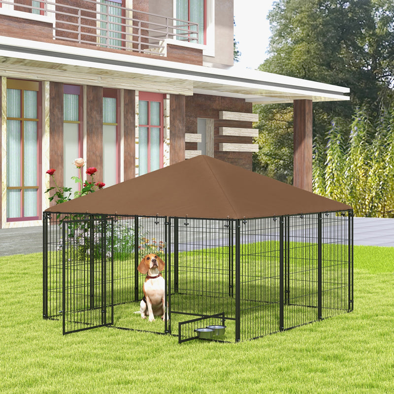 Recinto per Cani con Porticina per Ciotole 211x211x151 cm in Metallo e Tessuto Oxford Nero e Marrone-2