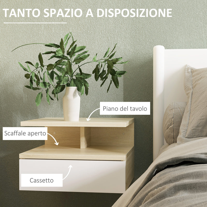 Set da 2 Comodini Sospesi con Cassetto e Ripiano Superiore 35x32x22,5 cm in Legno Bianco e Rovere-5