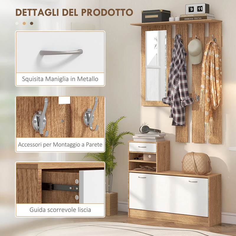 Mobile Guardaroba per Ingresso con Specchio Appendiabiti e Scarpiera Regolabile 90x24x177 cm Bianco e Noce  -5