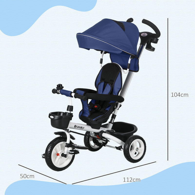 Passeggino Triciclo con Sedile Girevole 360° Parasole Regolabile e Cintura di Sicurezza Blu Scuro-3