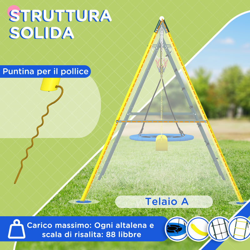 Set Altalene da Giardino Rotonda e Classica con Corda e Canestro 267x180x202 cm in Acciaio Giallo Verde e Blu-4