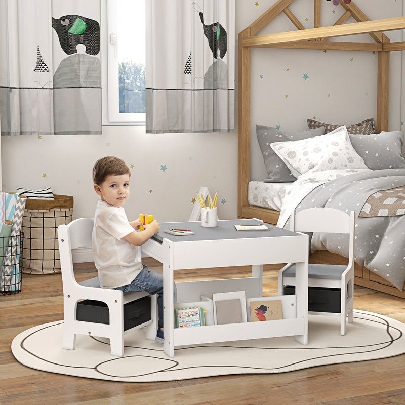 Set Tavolino per Bambini e 2 Sedie Piano del Tavolo 2 in 1 con Lavagna e Contenitori Grigio-2