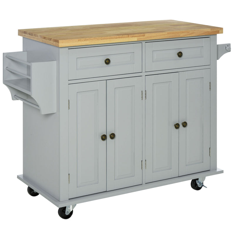 Carrello Isola da Cucina 2 Cassetti e 2 Armadietti Piano in Legno 111x44,5x82,5 cm Grigio  -1