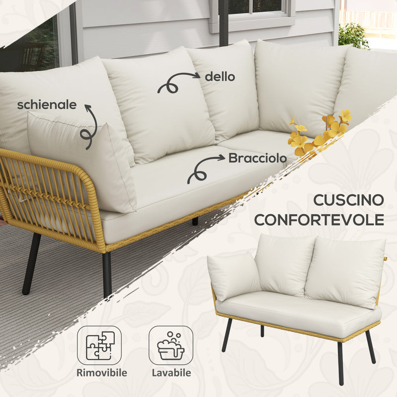 Set Salotto da Giardino Divano Angolare e Tavolino in Rattan e Poliestere Bianco Crema-5