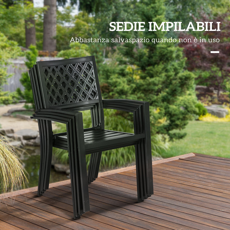 Set Tavolo e 4 Sedie da Giardino Piano Effetto Marmo e Sedie Impilabili con Braccioli Marrone-5