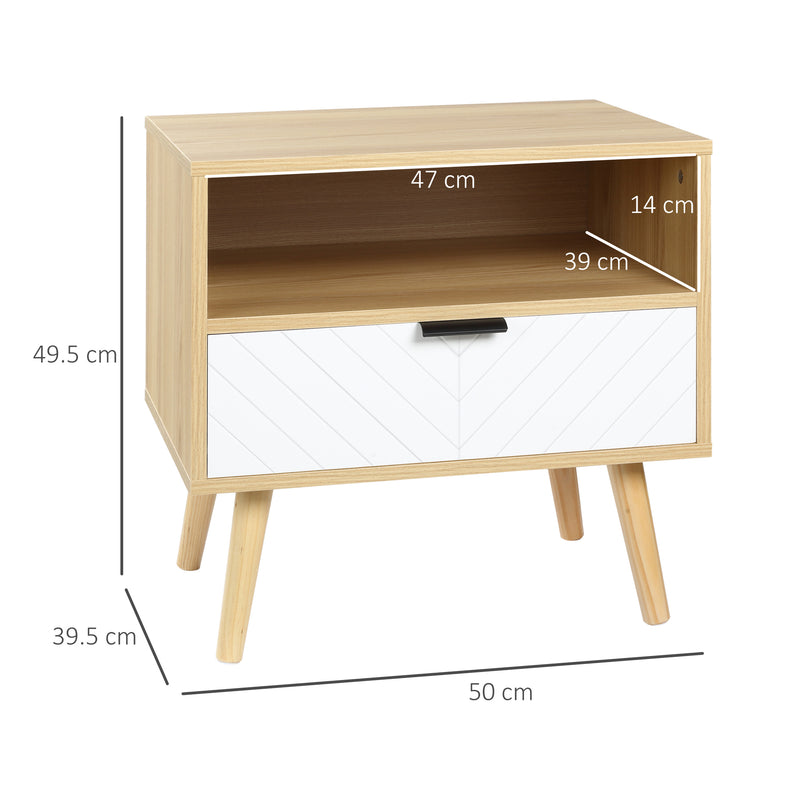 Comodino Moderno con Cassetto Estraibile e Ripiano Aperto 50x39,5x49,5 cm in Legno Bianco e color Legno-3