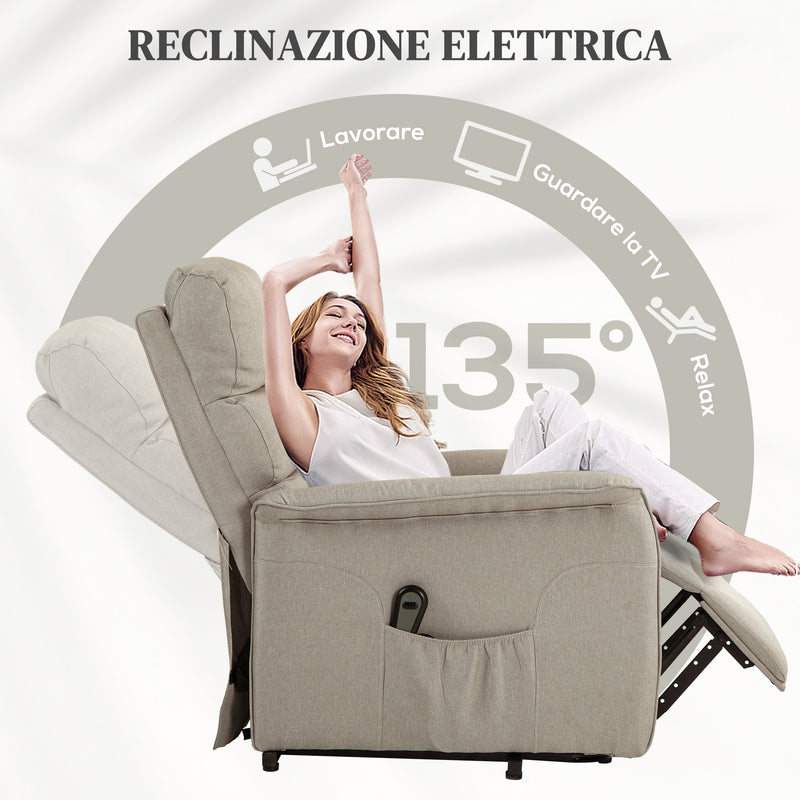 Poltrona Alzapersona Elettrica 1 Motore Reclinabile con Poggiapiedi in Tessuto effetto Lino Beige-5