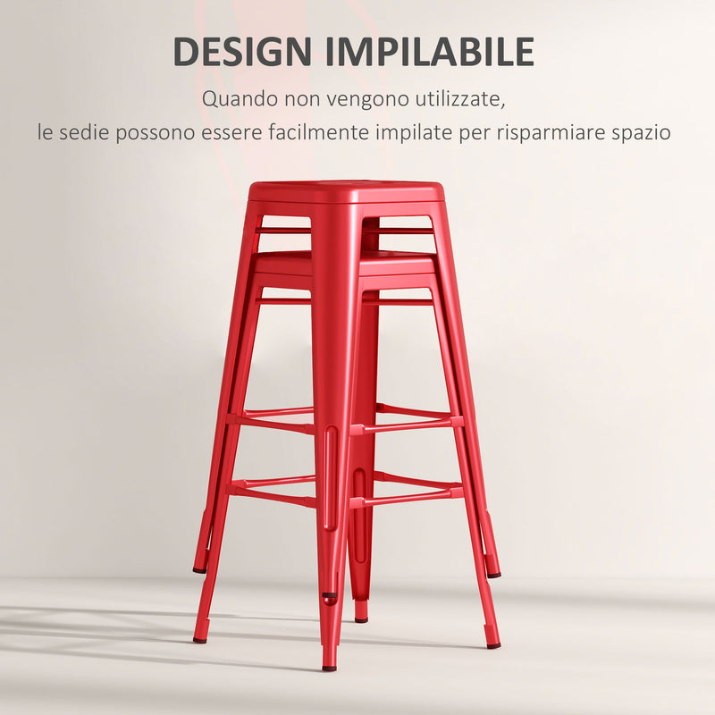 Set 2 Sgabelli da Bar Stile Industriale Schienale Rimovibile 44x49x116 cm in Metallo Rosso-6