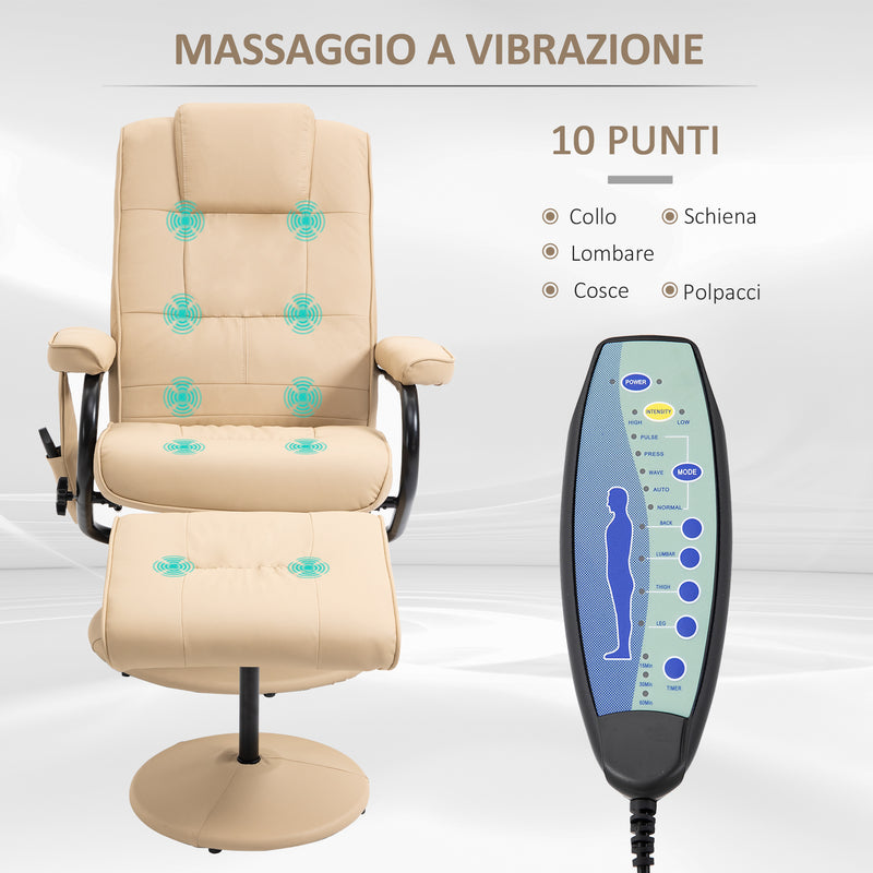 Poltrona Relax con 10 Punti Massaggio e Puof Poggiapiedi in Finta Pelle Crema  -4