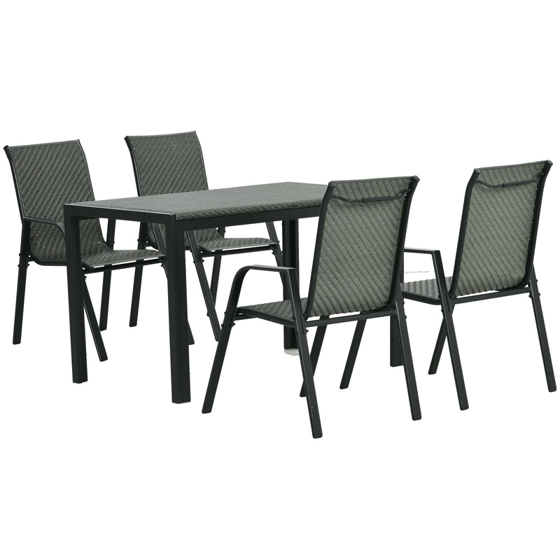 Set Tavolo e 4 Sedie Impilabili da Giardino in Acciaio e Rattan PE Grigio-1