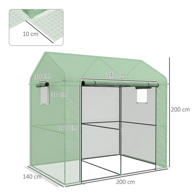 Serra a Casetta a 2 Sezioni con Porta e Finestre Avvolgibili 200x140x200 cm in Acciaio e PE Verde-3