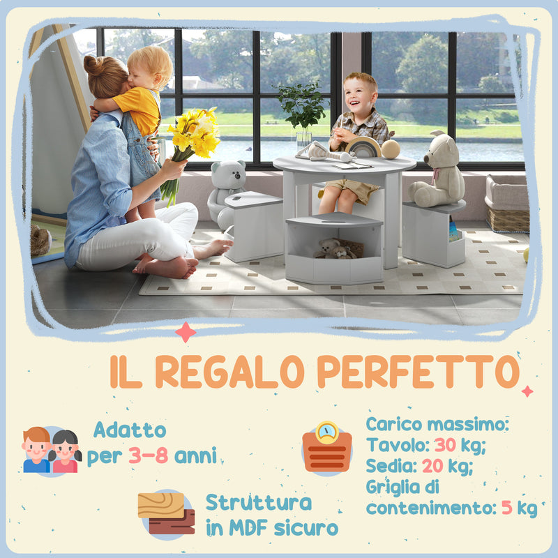 Set Tavolo con 4 Sgabelli Salvaspazio con Vano Contenitore in Legno Grigio -7