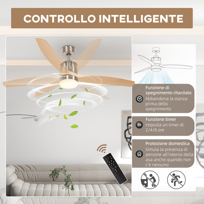 Ventilatore da Soffitto con Luce LED Bianca a 6 Velocità e Timer Ø132 x 43A cm in Metallo e Acrilico -7