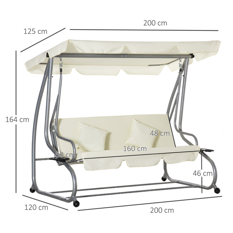 Dondolo Letto da Giardino 3 Posti 200x120x164 cm con Tetto Regolabile e 2 Portabicchieri Crema-3