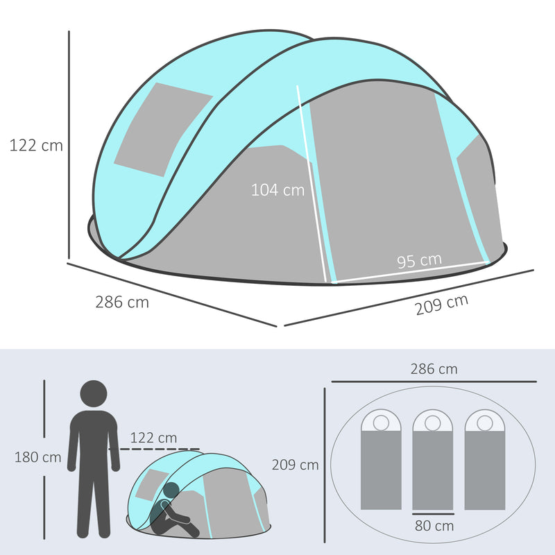 Tenda da Campeggio 3 Persone a Cupola Pop-Up Automatica a Igloo 286x209x122 cm in Poliestere Azzurro-3