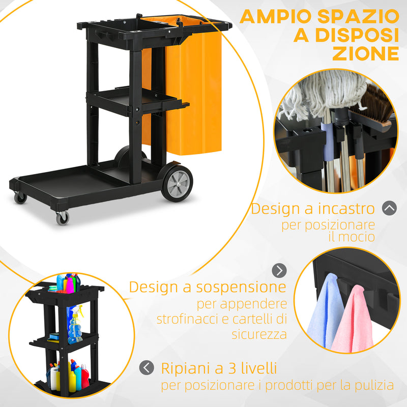 Carrello Pulizie 4 Ripiani Sacco da 100L 121x50,5x96,5 cm Nero Giallo e Grigio  -4