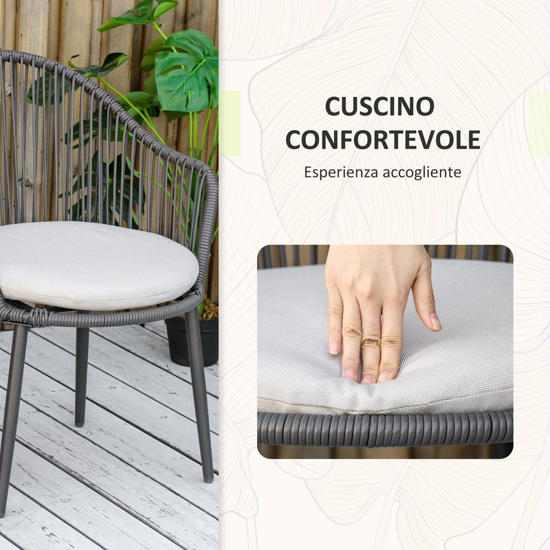 Set Tavolino da Caffè con Piano in Vetro e 2 poltroncine da Giardino in Rattan con Cuscini Grigio-5