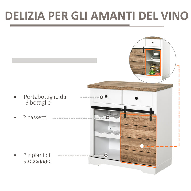 Mobile da Cucina Rustico con 2 Cassetti Ripiani e Portabottiglie 80x39x86 cm in Legno e Metallo Bianco-4