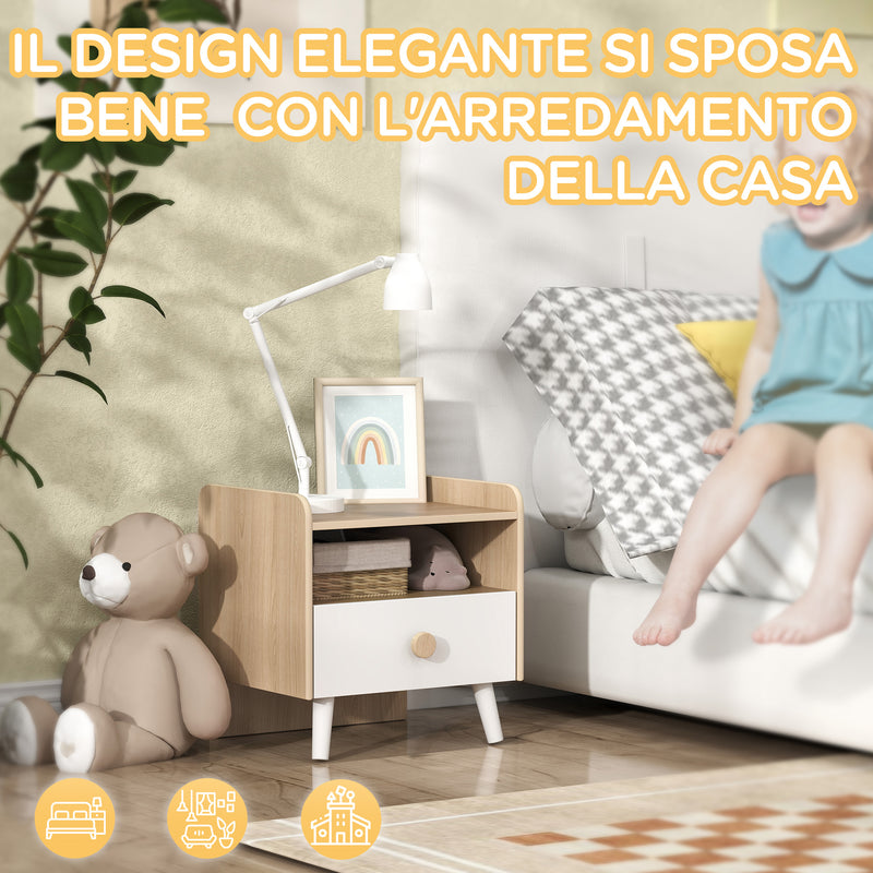 Comodino per Bambini con Cassetto e Vano a Giorno 40x32.5x40 cm in Legno Bianco -5