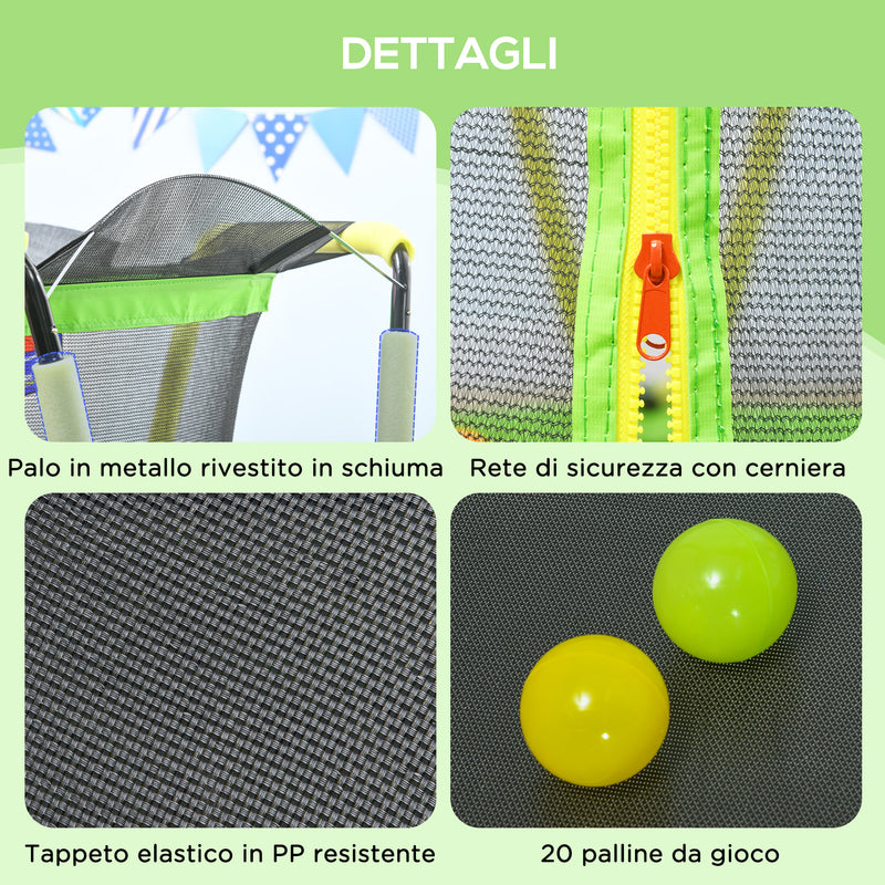 Trampolino Elastico per Bambini 3-10 Anni Ø140x155cm con Rete di Sicurezza Canestro e Palle Verde-6