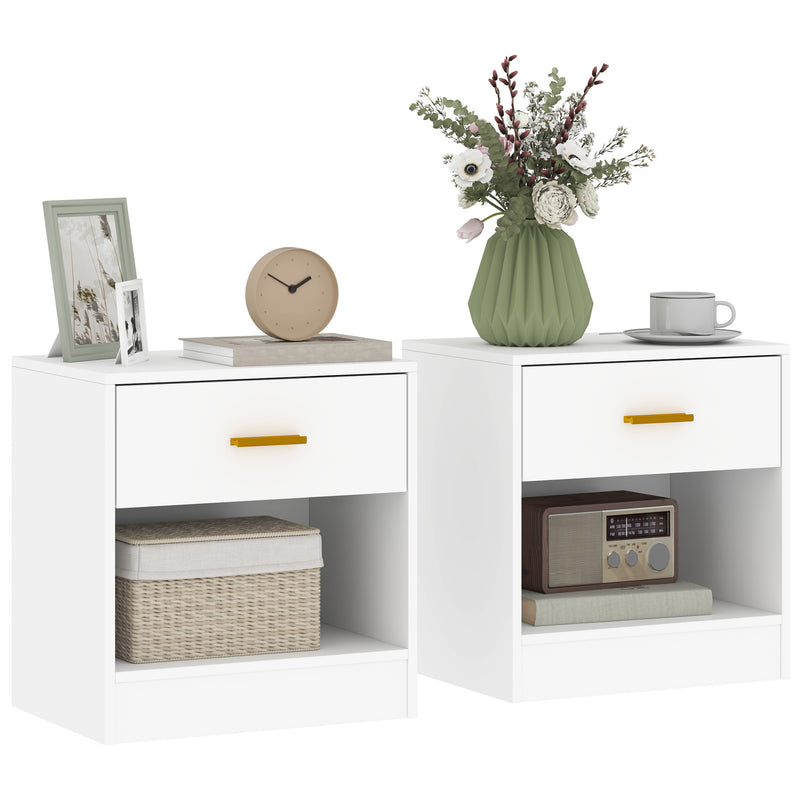 Set 2 Comodini con Cassetto e Ripiano a Giorno in Legno 39x28x41 cm Bianco  -1