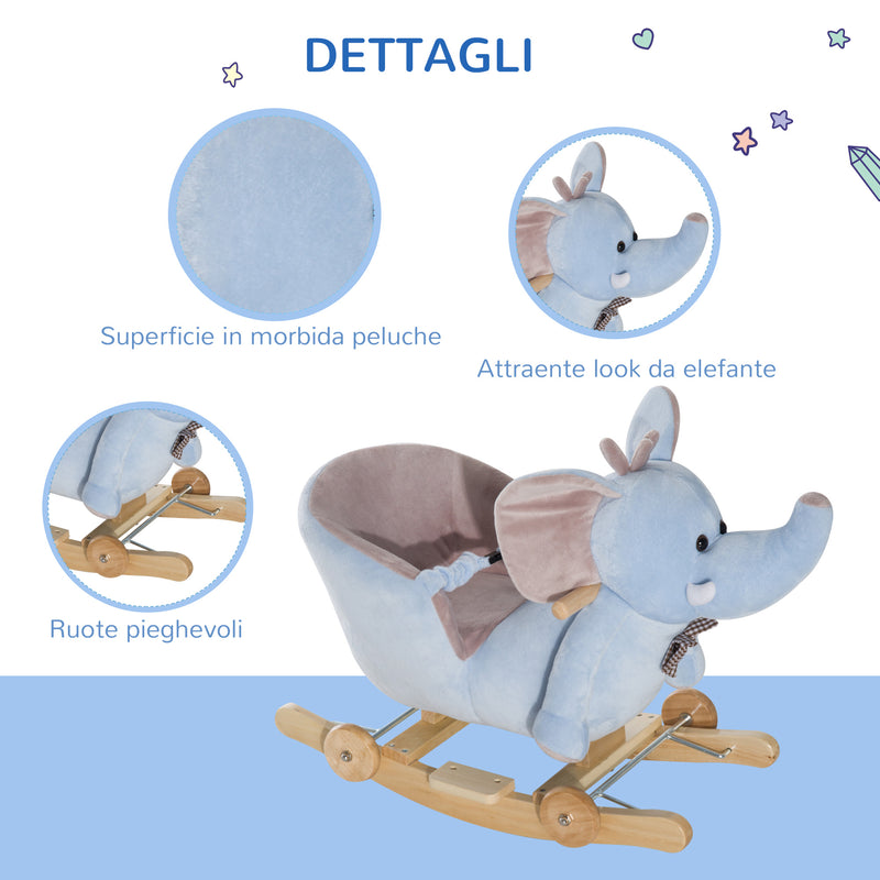 Cavallo a Dondolo per Bambini in Legno e Peluche Elefante Blu    -5