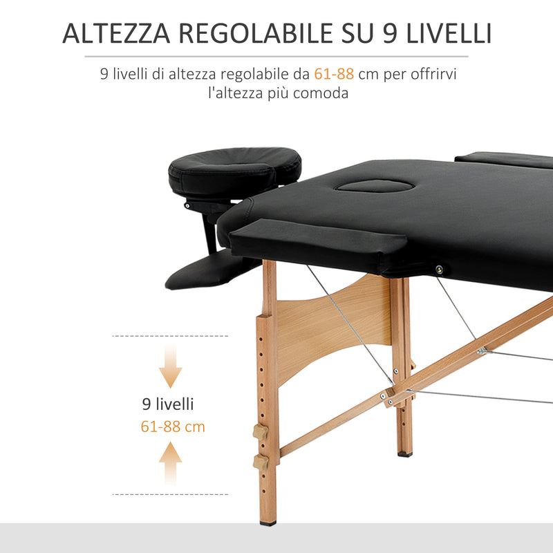 Lettino Massaggi Portatile Pieghevole 185x60x61-88 cm in Legno e Similpelle Nero-4