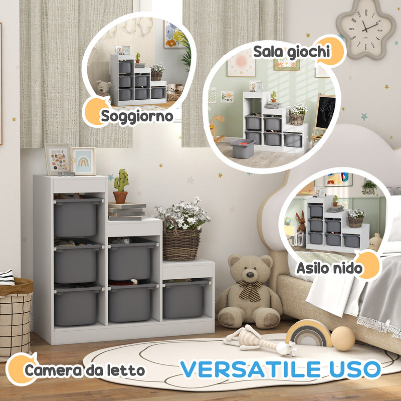 Scaffale Portagiochi per Bambini a 3 Livelli 6 Contenitori 96x38,5x90 cm Grigio -5