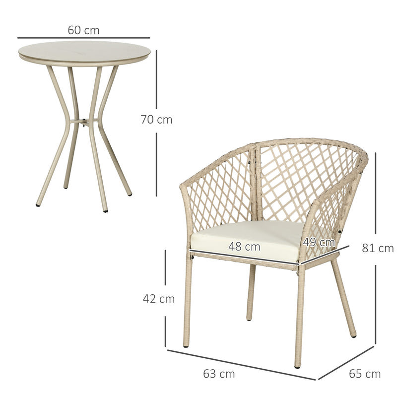 Set Tavolino con Piano in Vetro e 2 Poltrone da Giardino in Rattan PE Acciaio e Poliestere Khaki-3