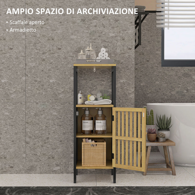 Mobiletto Bagno con Ripiano Aperto e Armadietto 32x30x90,5 cm in MDF e Bambù Nero e Color Legno-4