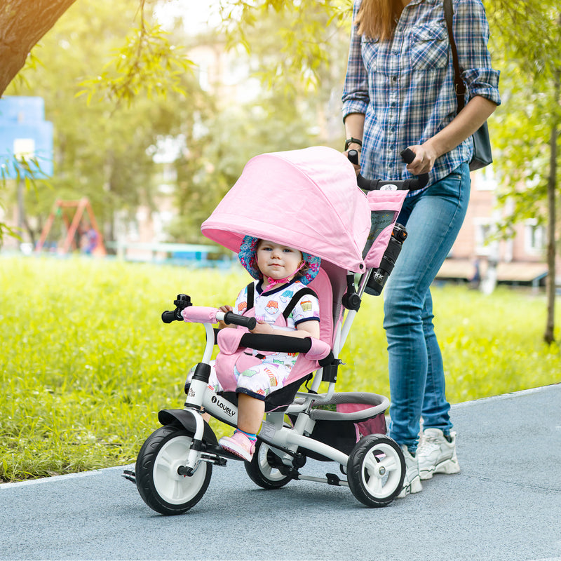 Triciclo per Bambini 1-5 Anni 102x49x102 cm con Maniglione e Tettuccio Regolabile Bianco e Rosa-2