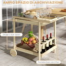 Carrello Portavivande a 2 Ripiani e 4 Portabottiglie 78x58.5x75 cm in Legno di Abete-4