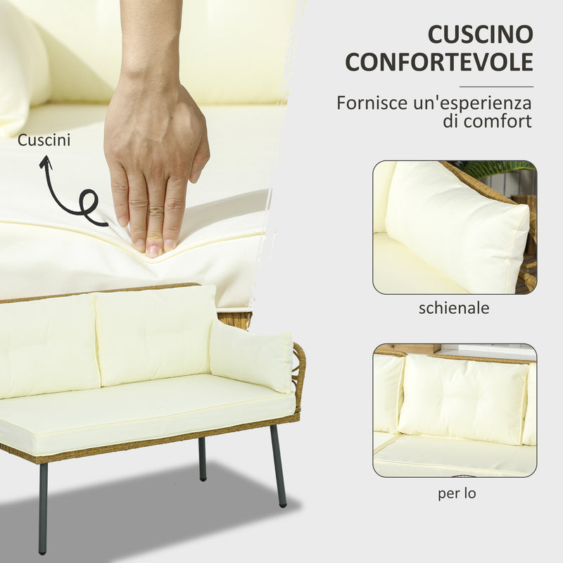 Salotto da Giardino Divano 2 Posti con Chaise Longue e Tavolino in Rattan PE Crema-5